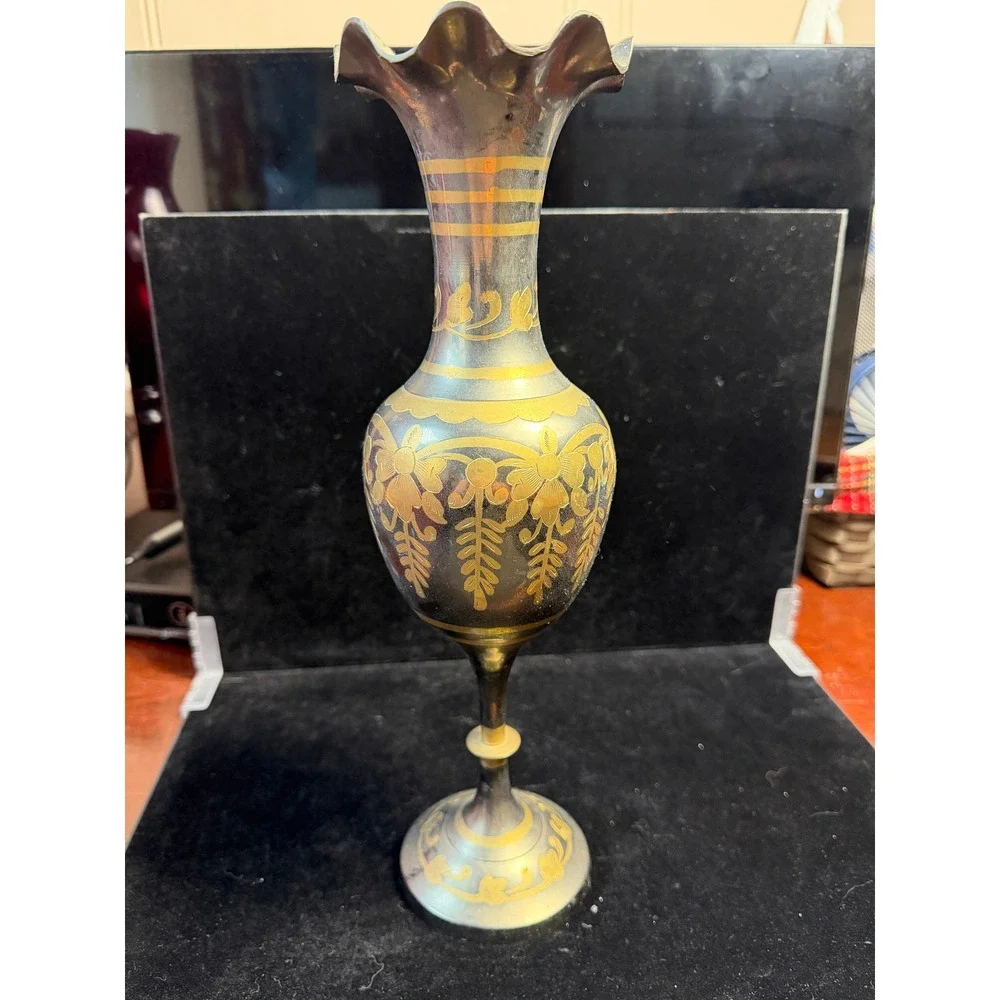 Vintage Etched‎ Solid Brass Vase Made in India Ruffled Rim Floral Design 10 Inch